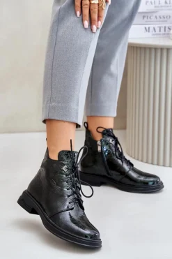 Skórzane Lakierowane Botki Damskie Ocieplane Na Zamek D&A LZ42-042 Ciemnozielone