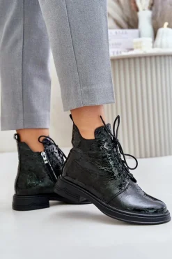 Skórzane Lakierowane Botki Damskie Ocieplane Na Zamek D&A LZ42-042 Ciemnozielone