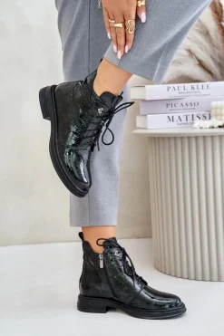 Skórzane Lakierowane Botki Damskie Ocieplane Na Zamek D&A LZ42-042 Ciemnozielone