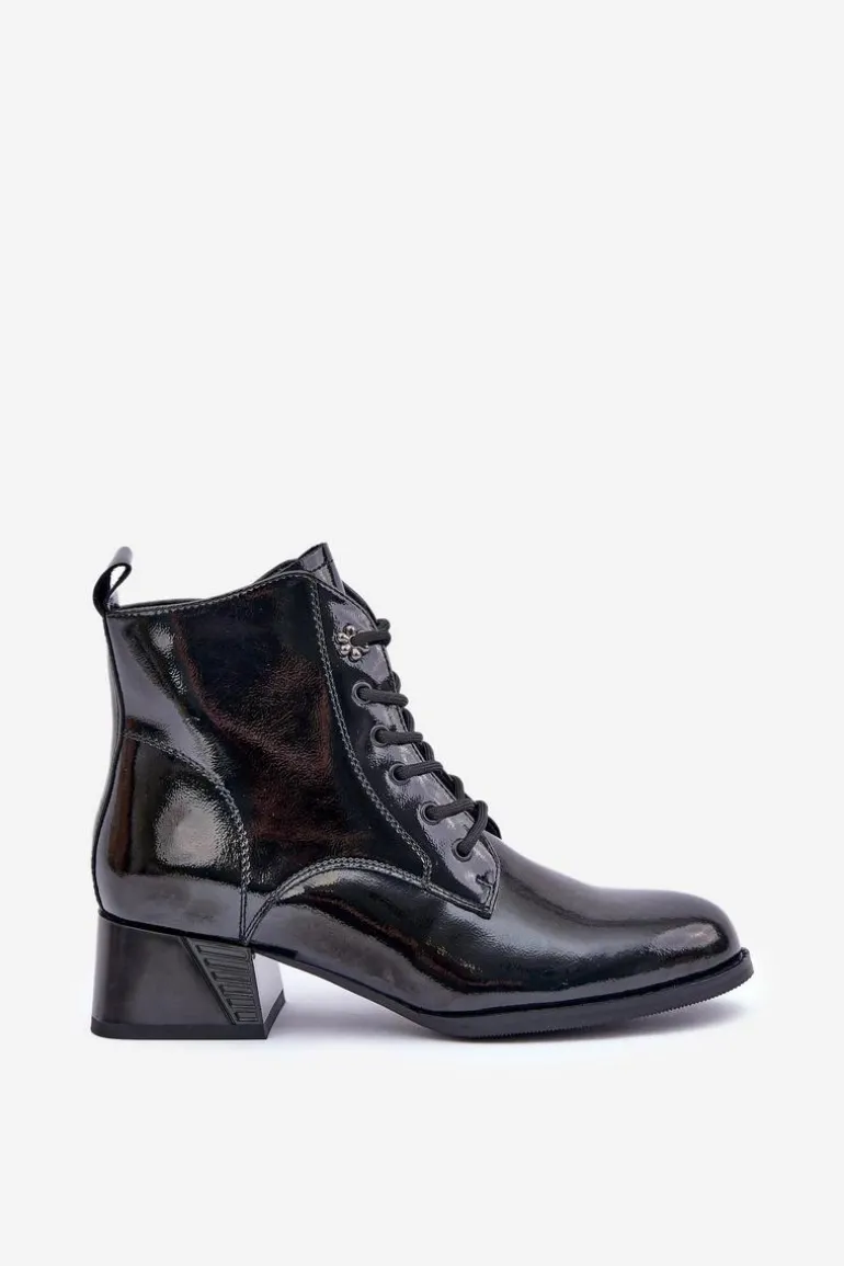 Skórzane Lakierowane Botki Na Klocku Ocieplane D&A JC42-53 Czarne