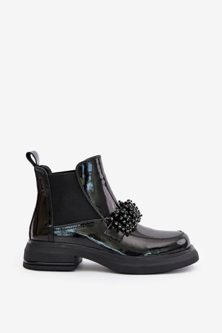 Skórzane Lakierowane Botki Z Ozdobą Wsuwane Ocieplane Czarne Solimav