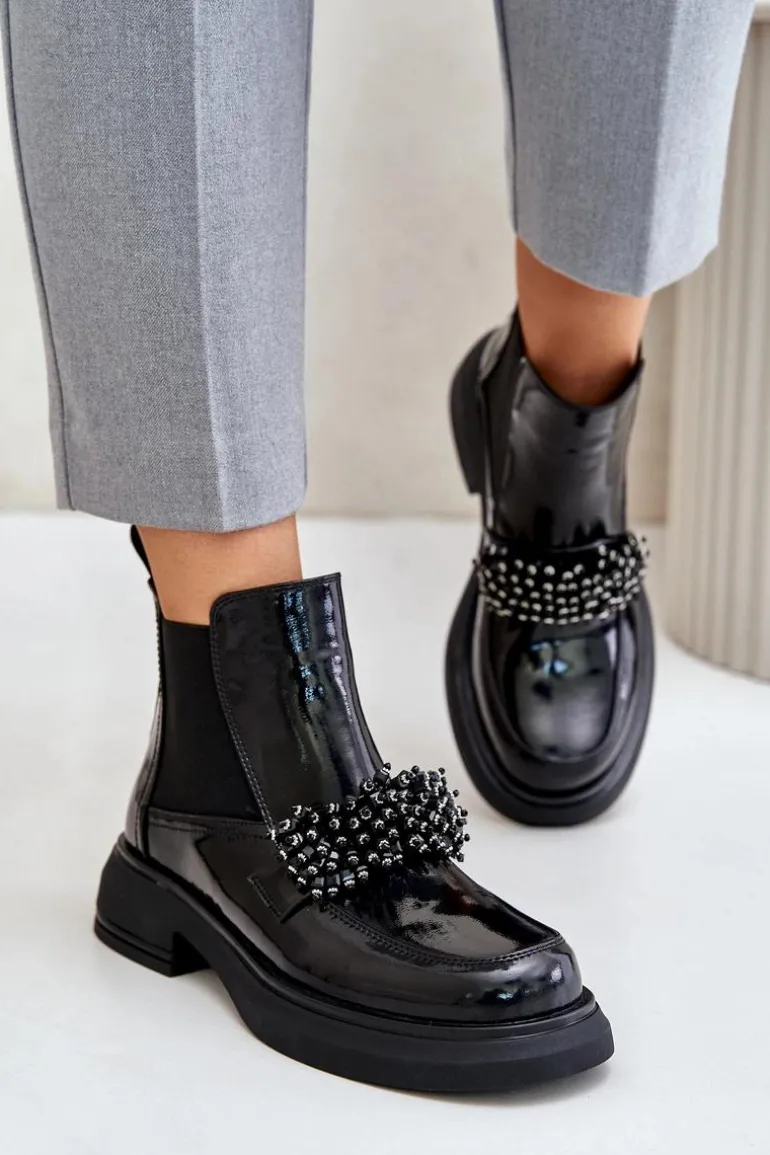 Skórzane Lakierowane Botki Z Ozdobą Wsuwane Ocieplane Czarne Solimav