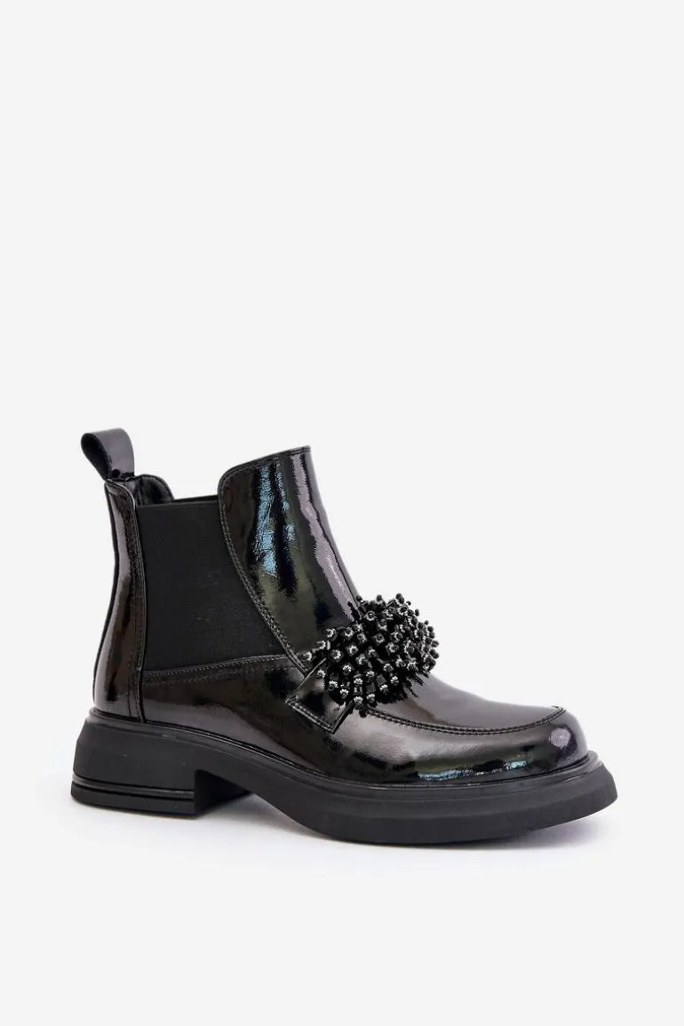 Skórzane Lakierowane Botki Z Ozdobą Wsuwane Ocieplane Czarne Solimav