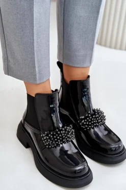 Skórzane Lakierowane Botki Z Ozdobą Wsuwane Ocieplane Czarne Solimav