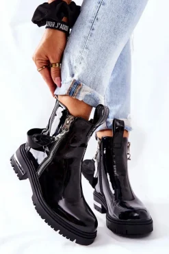 Skórzane Lakierowane Botki Z Suwakiem Czarne Cortona