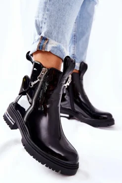 Skórzane Lakierowane Botki Z Suwakiem Czarne Cortona