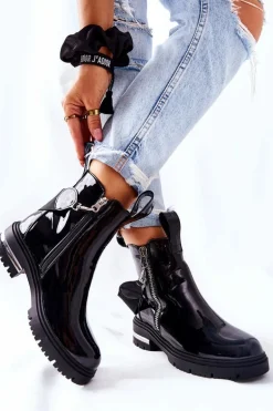 Skórzane Lakierowane Botki Z Suwakiem Czarne Cortona