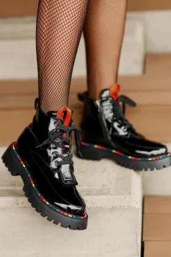 Skórzane Lakierowane Botki Workery Na Zamek Czarne Anafra