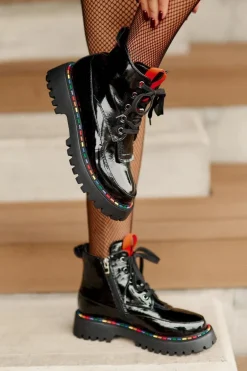 Skórzane Lakierowane Botki Workery Na Zamek Czarne Anafra