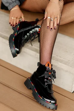 Skórzane Lakierowane Botki Workery Na Zamek Czarne Anafra