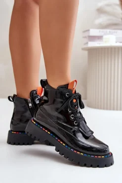 Skórzane Lakierowane Botki Workery Na Zamek Czarne Anafra