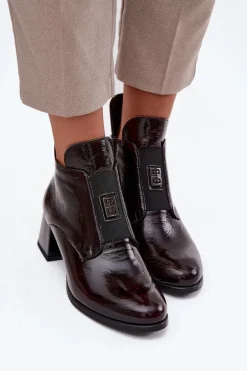 Skórzane Lakierowane Botki Na Klocku Z Ozdobnym Detalem Ocieplane Zazoo 60560 Bordowe