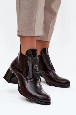 Skórzane Lakierowane Botki Na Klocku Z Ozdobnym Detalem Ocieplane Zazoo 60560 Bordowe