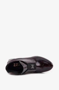 Skórzane Lakierowane Botki Na Klocku Z Ozdobnym Detalem Ocieplane Zazoo 60560 Bordowe