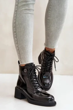 Skórzane Lakierowane Botki Na Klocku Ocieplane D&A JC42-78 Czarne