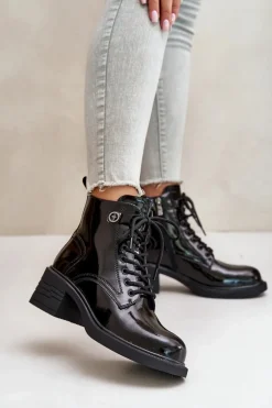 Skórzane Lakierowane Botki Na Klocku Ocieplane D&A JC42-78 Czarne