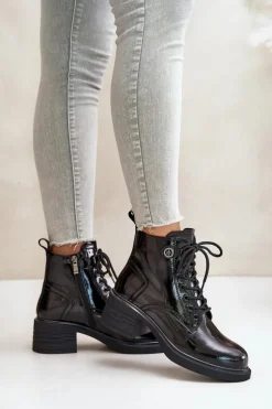 Skórzane Lakierowane Botki Na Klocku Ocieplane D&A JC42-78 Czarne