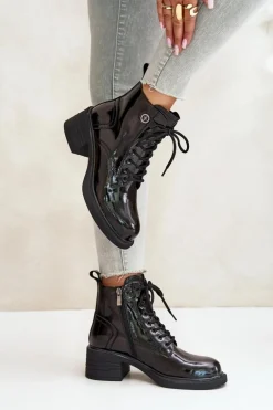 Skórzane Lakierowane Botki Na Klocku Ocieplane D&A JC42-78 Czarne