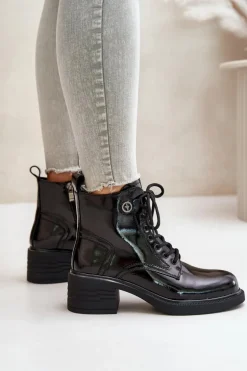 Skórzane Lakierowane Botki Na Klocku Ocieplane D&A JC42-78 Czarne