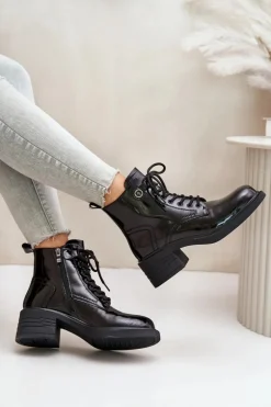 Skórzane Lakierowane Botki Na Klocku Ocieplane D&A JC42-78 Czarne