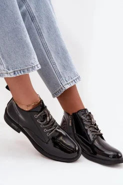 Skórzane Lakierowane Botki Damskie Z Ozdobnym Sznurowaniem D&A MR52-124 Czarne