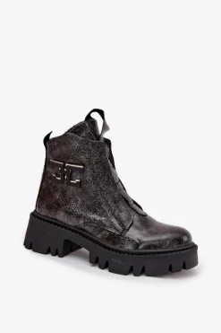 Skórzane Lakierowane Botki Damskie Z Ozdobą Ocieplane Artiker 57C2081 Grafitowe