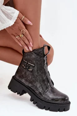 Skórzane Lakierowane Botki Damskie Z Ozdobą Ocieplane Artiker 57C2081 Grafitowe