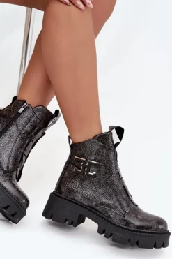 Skórzane Lakierowane Botki Damskie Z Ozdobą Ocieplane Artiker 57C2081 Grafitowe