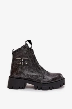 Skórzane Lakierowane Botki Damskie Z Ozdobą Ocieplane Artiker 57C2081 Grafitowe