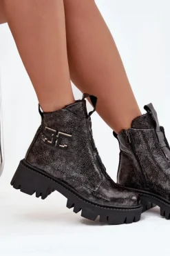Skórzane Lakierowane Botki Damskie Z Ozdobą Ocieplane Artiker 57C2081 Grafitowe