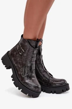 Skórzane Lakierowane Botki Damskie Z Ozdobą Ocieplane Artiker 57C2081 Grafitowe