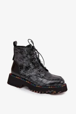 Skórzane Lakierowane Botki Damskie Artiker 57C0065 Szare