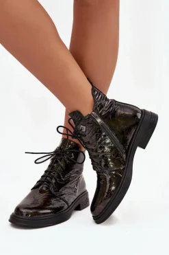 Skórzane Lakierowane Botki Damskie Ocieplane Na Zamek D&A LZ42-042 Złote