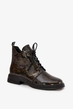 Skórzane Lakierowane Botki Damskie Ocieplane Na Zamek D&A LZ42-042 Złote