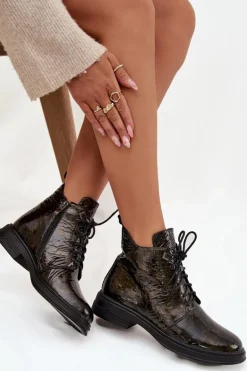 Skórzane Lakierowane Botki Damskie Ocieplane Na Zamek D&A LZ42-042 Złote