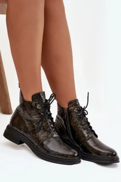 Skórzane Lakierowane Botki Damskie Ocieplane Na Zamek D&A LZ42-042 Złote