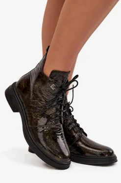 Skórzane Lakierowane Botki Damskie Ocieplane Na Zamek D&A LZ42-042 Złote