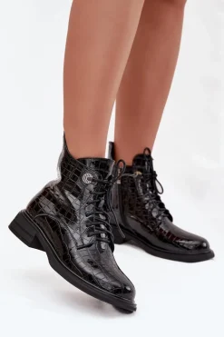 Skórzane Lakierowane Botki Z Tłoczeniem Ocieplane Czarne Juviane