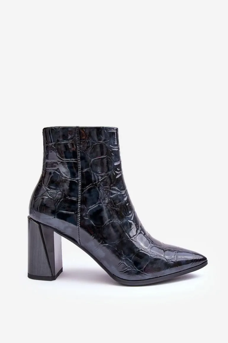 Skórzane Lakierowane Botki Na Słupku S.Barski MR870-58 Granatowe