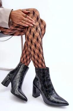 Skórzane Lakierowane Botki Na Słupku S.Barski MR870-58 Granatowe