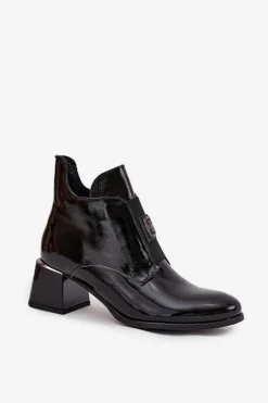 Skórzane Lakierowane Botki Na Klocku Z Ozdobnym Detalem Ocieplane Zazoo 60560 Czarne