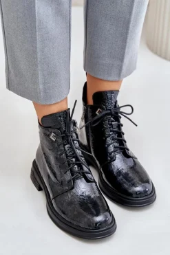 Skórzane Lakierowane Botki Damskie Ocieplane Na Zamek D&A LZ42-042 Czarno-Szare