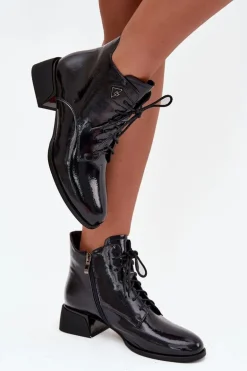 Skórzane Lakierowane Botki Damskie Na Klocku Artiker 57C1117 Czarne