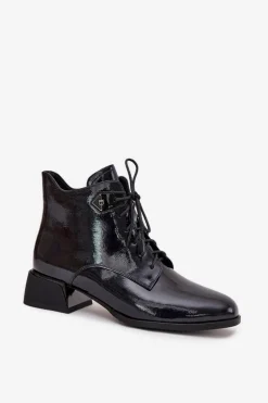 Skórzane Lakierowane Botki Damskie Na Klocku Artiker 57C1117 Czarne