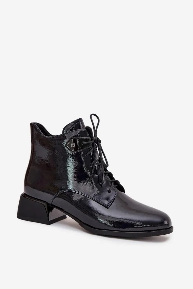 Skórzane Lakierowane Botki Damskie Na Klocku Artiker 57C1117 Czarne