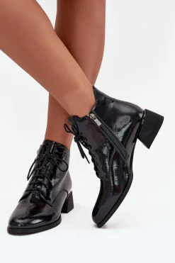 Skórzane Lakierowane Botki Damskie Na Klocku Artiker 57C1117 Czarne