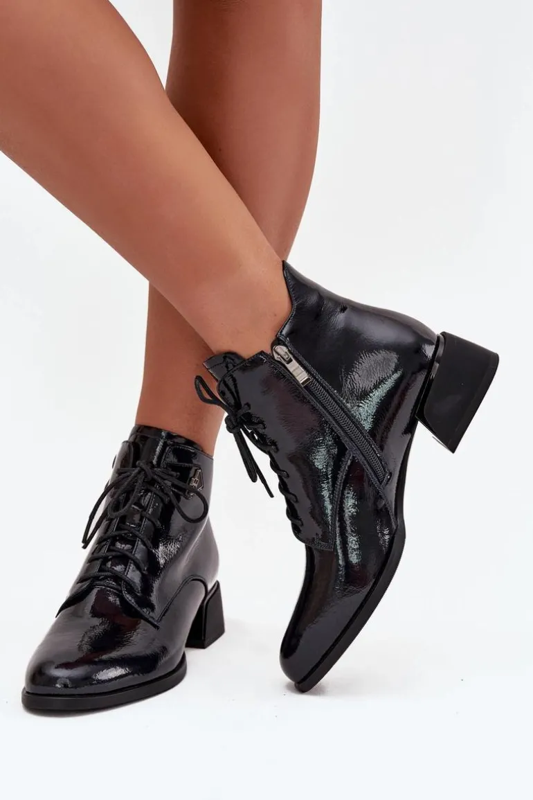 Skórzane Lakierowane Botki Damskie Na Klocku Artiker 57C1117 Czarne