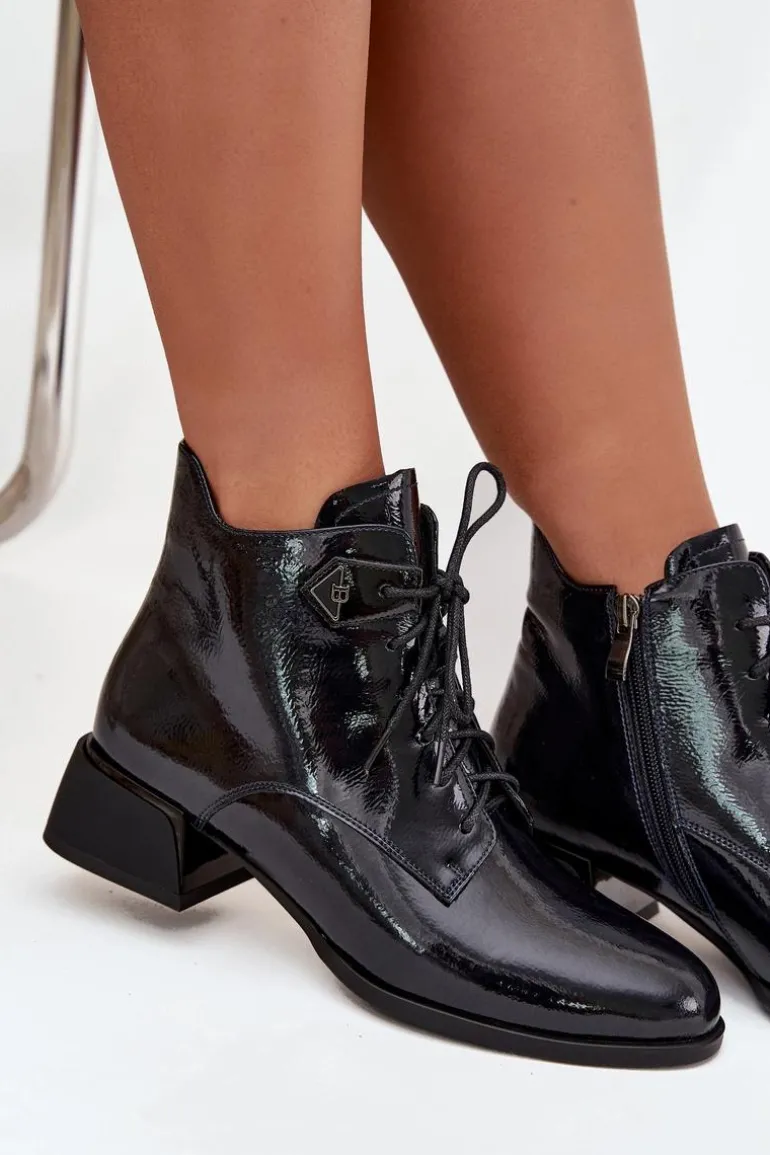 Skórzane Lakierowane Botki Damskie Na Klocku Artiker 57C1117 Czarne