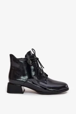 Skórzane Lakierowane Botki Damskie Na Klocku Artiker 57C1117 Czarne