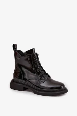 Skórzane Lakierowane Botki Ocieplane Czarne Gisella